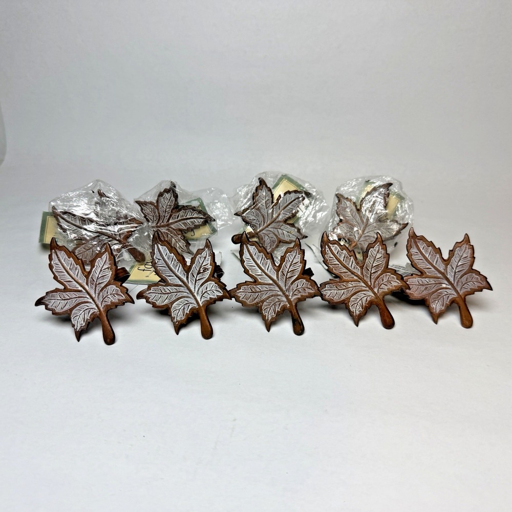 9 Favorite Things Copper White Washed Maple Leaf Napkin Rings w/Ribbed Loops New